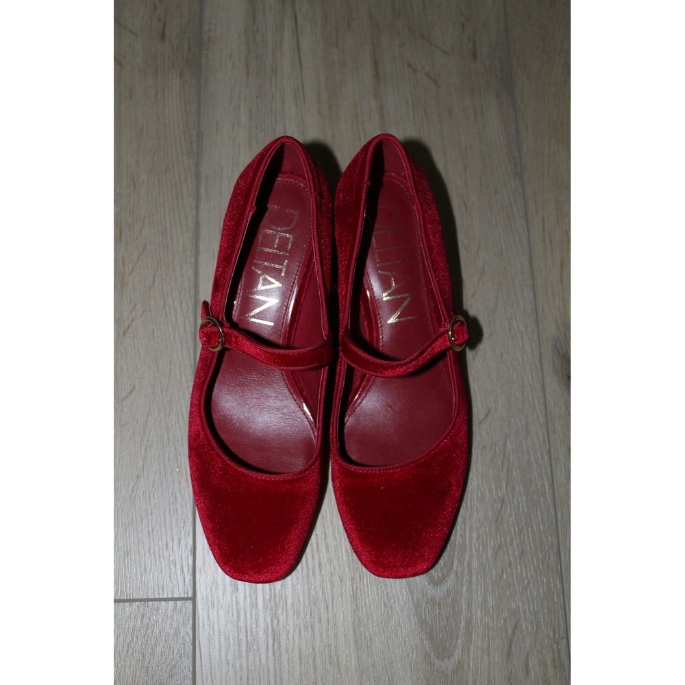 Deltan Red Velvet Mary Jane Block Heel Pumps Square Toe Women Size‎ 7.5M